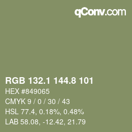 Color code: RGB 132.1 144.8 101 | qconv.com