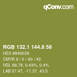 カラーコード: RGB 132.1 144.8 58 | qconv.com