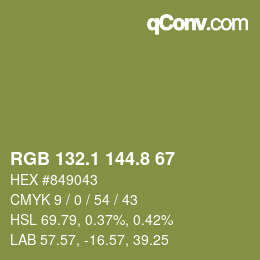 カラーコード: RGB 132.1 144.8 67 | qconv.com