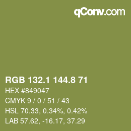 カラーコード: RGB 132.1 144.8 71 | qconv.com