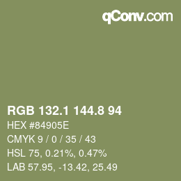 Color code: RGB 132.1 144.8 94 | qconv.com