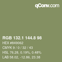 カラーコード: RGB 132.1 144.8 98 | qconv.com