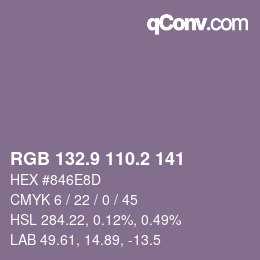 カラーコード: RGB 132.9 110.2 141 | qconv.com
