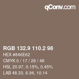 カラーコード: RGB 132.9 110.2 98 | qconv.com