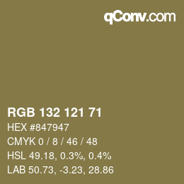 Color code: RGB 132 121 71 | qconv.com