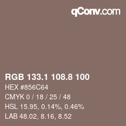 Color code: RGB 133.1 108.8 100 | qconv.com