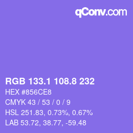 カラーコード: RGB 133.1 108.8 232 | qconv.com