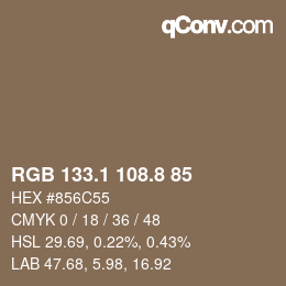 Color code: RGB 133.1 108.8 85 | qconv.com