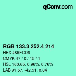 カラーコード: RGB 133.3 252.4 214 | qconv.com