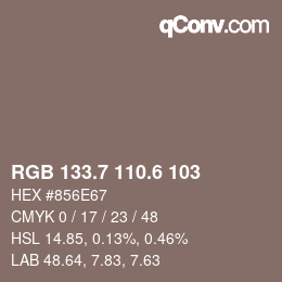 カラーコード: RGB 133.7 110.6 103 | qconv.com