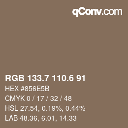 カラーコード: RGB 133.7 110.6 91 | qconv.com
