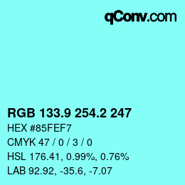 カラーコード: RGB 133.9 254.2 247 | qconv.com