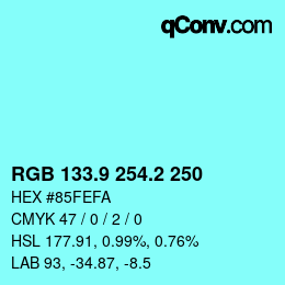 Color code: RGB 133.9 254.2 250 | qconv.com