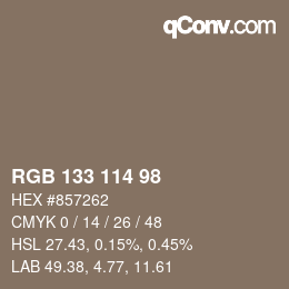 Color code: RGB 133 114 98 | qconv.com