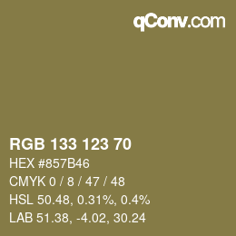 カラーコード: RGB 133 123 70 | qconv.com