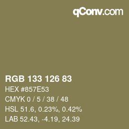 Color code: RGB 133 126 83 | qconv.com
