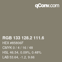 カラーコード: RGB 133 128.2 111.6 | qconv.com