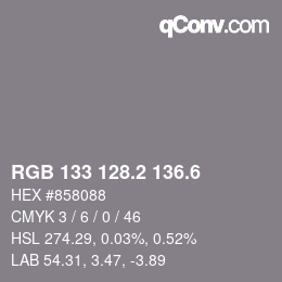 カラーコード: RGB 133 128.2 136.6 | qconv.com
