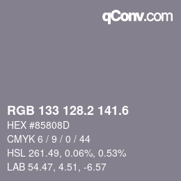 カラーコード: RGB 133 128.2 141.6 | qconv.com