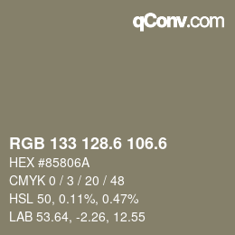 カラーコード: RGB 133 128.6 106.6 | qconv.com