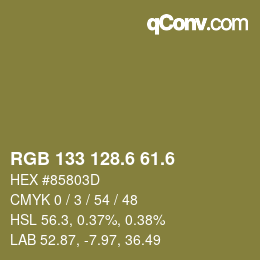カラーコード: RGB 133 128.6 61.6 | qconv.com