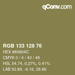 Color code: RGB 133 128 76 | qconv.com