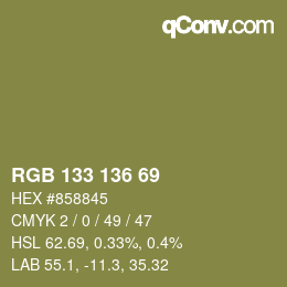 Color code: RGB 133 136 69 | qconv.com