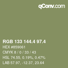 カラーコード: RGB 133 144.4 97.4 | qconv.com