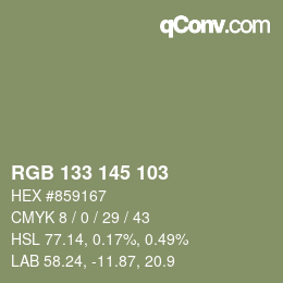 Color code: RGB 133 145 103 | qconv.com