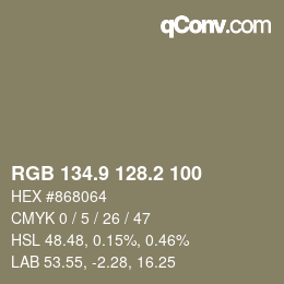 Color code: RGB 134.9 128.2 100 | qconv.com