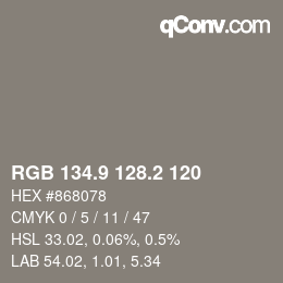 カラーコード: RGB 134.9 128.2 120 | qconv.com