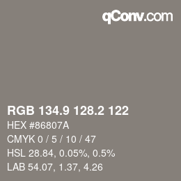 Color code: RGB 134.9 128.2 122 | qconv.com