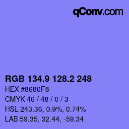 カラーコード: RGB 134.9 128.2 248 | qconv.com