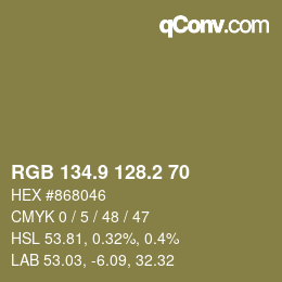 Color code: RGB 134.9 128.2 70 | qconv.com