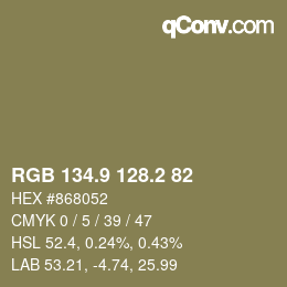 Color code: RGB 134.9 128.2 82 | qconv.com