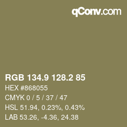 Color code: RGB 134.9 128.2 85 | qconv.com