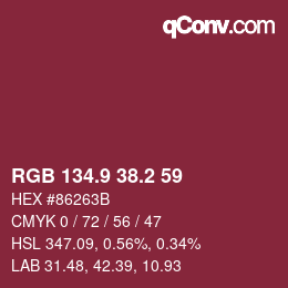 カラーコード: RGB 134.9 38.2 59 | qconv.com