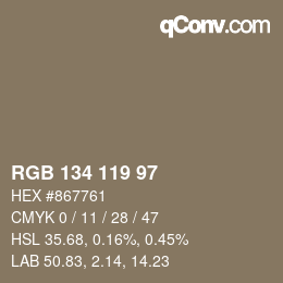 Color code: RGB 134 119 97 | qconv.com