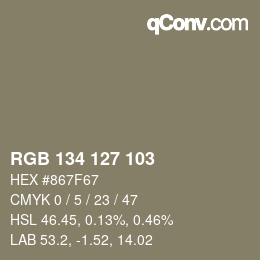 Color code: RGB 134 127 103 | qconv.com