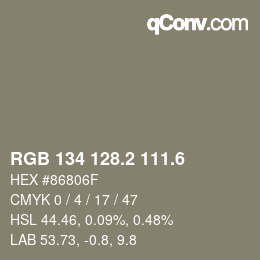 カラーコード: RGB 134 128.2 111.6 | qconv.com