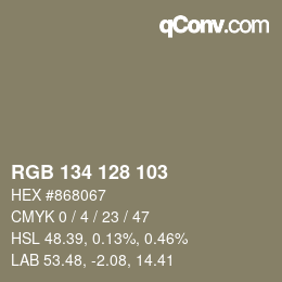 Color code: RGB 134 128 103 | qconv.com