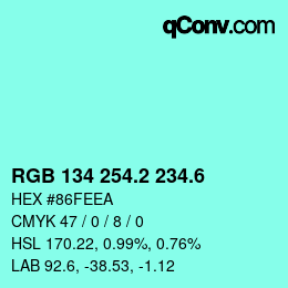 カラーコード: RGB 134 254.2 234.6 | qconv.com