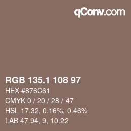 カラーコード: RGB 135.1 108 97 | qconv.com