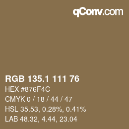 カラーコード: RGB 135.1 111 76 | qconv.com