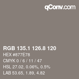 Color code: RGB 135.1 126.8 120 | qconv.com