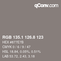 Color code: RGB 135.1 126.8 123 | qconv.com