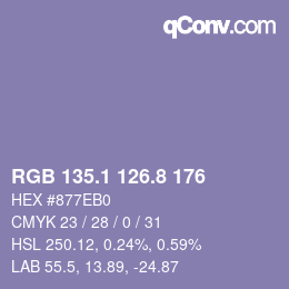 カラーコード: RGB 135.1 126.8 176 | qconv.com