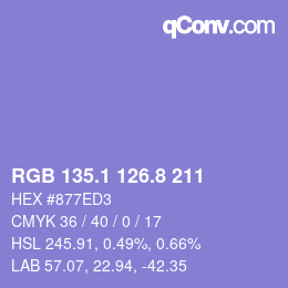 カラーコード: RGB 135.1 126.8 211 | qconv.com