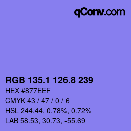 カラーコード: RGB 135.1 126.8 239 | qconv.com