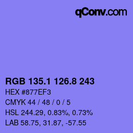 カラーコード: RGB 135.1 126.8 243 | qconv.com